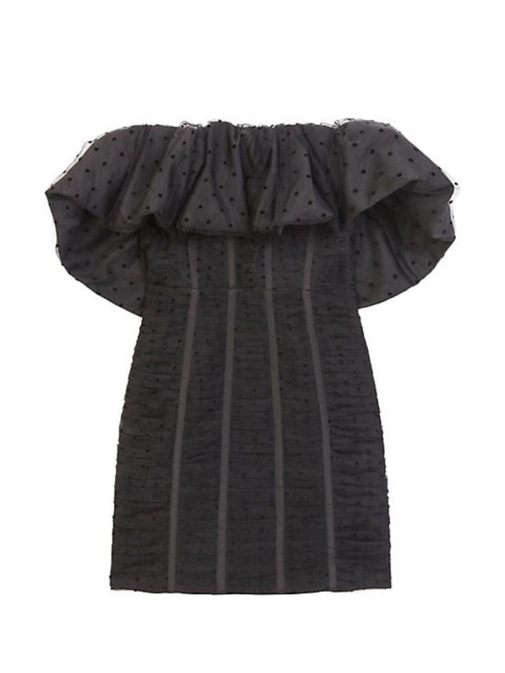 Self-Portrait Black Polka Dot Mesh Frill Off Shoulder Mini Dress — US 10